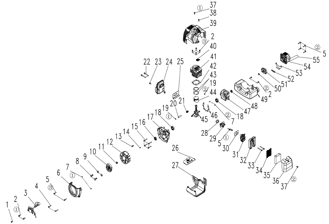 ЗУБР d 60 - 250 мм, 52 см3, 2 оператор, шнек в комплекте, мотобур (бензобур) (МБ2-250 Н) - посмотреть вариант разборной схемы